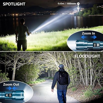 WdtPro LED Rechargeable Flashlight 2 Pack, 3 Modes Super Bright High Lumens Flashlights, Zoomable Tactical Flash Light with LCD Display, IP65 Waterproof Flashlights for Home Emergency Camping - Blue