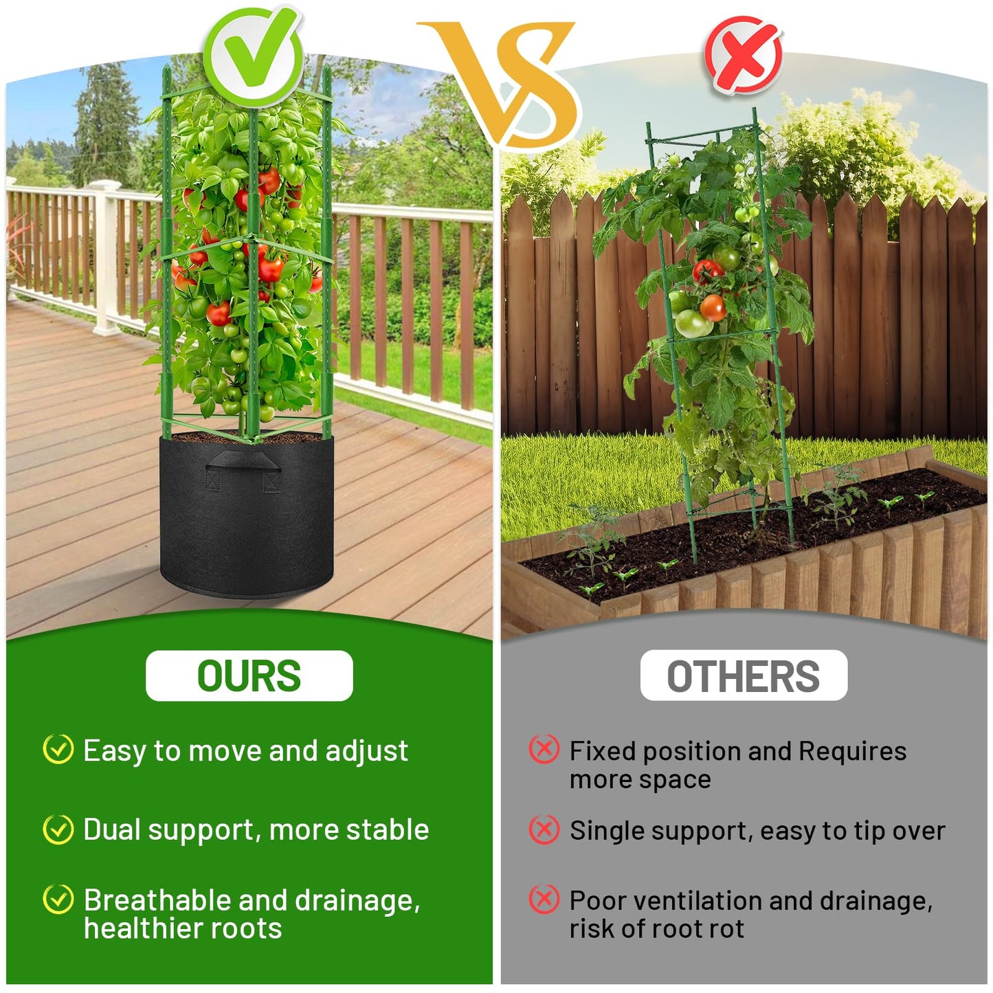Legigo 6 Pack Tomato Cages with 10 Gallon Grow Bags- 48inch Tomato Trellis Plant Support Stakes Planter, Tomato Plant Cages Garden Trellis for Vertical Climbing Plants Vegetables Flowers Fruits