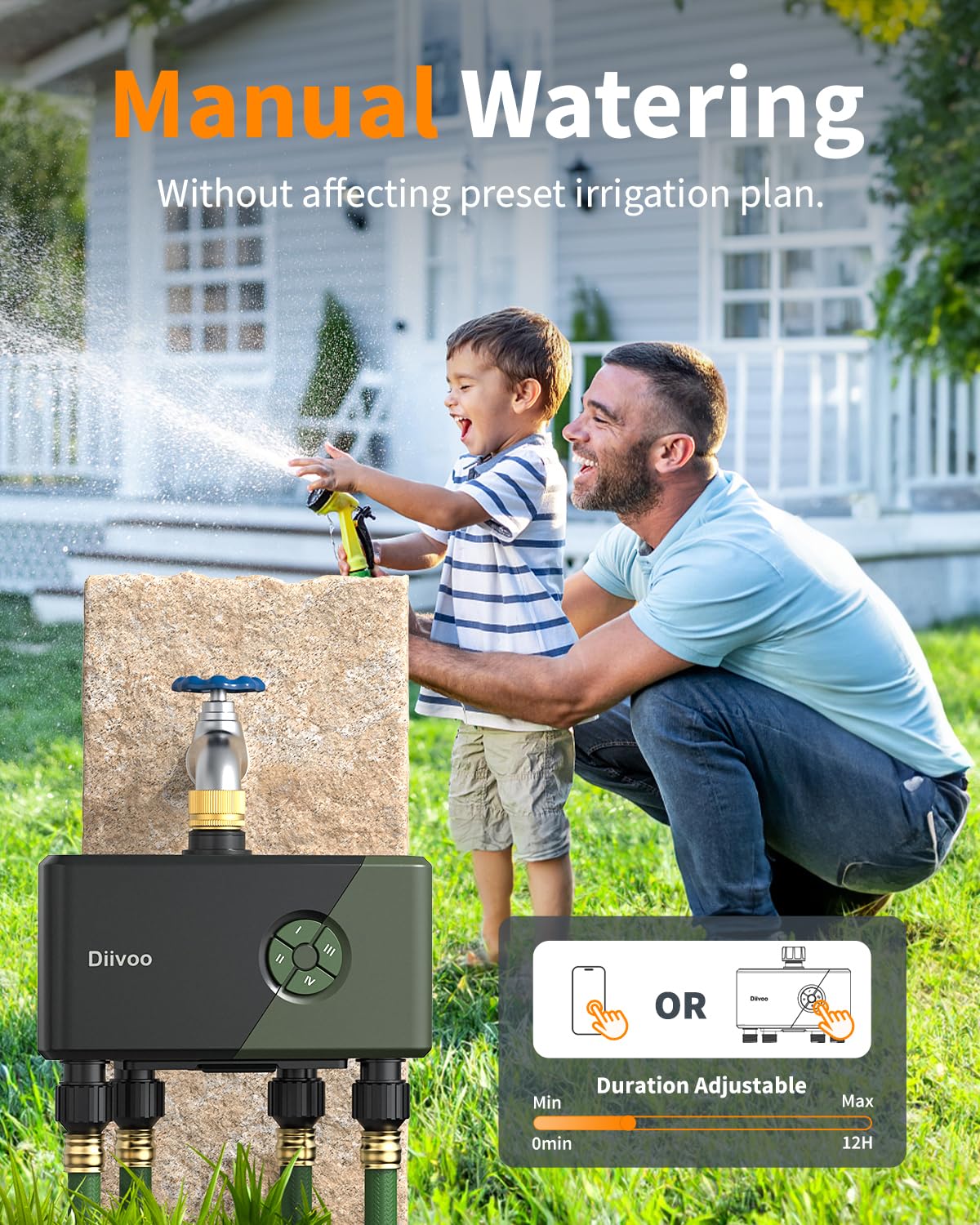 Diivoo 4 Zone WiFi Water Timer with Brass Inlet, Smart Hose Sprinkler Timer 4 Outlets Compatible with Alexa/Google Assistant, 24 Irrigation Plans, Rain Delay & Mist Mode for Garden Lawns (2.4GHz Only)