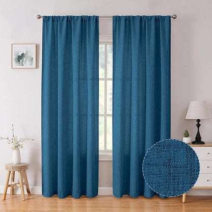 Tollpiz Linen Curtain Living Room Rod Pocket Semi Sheer Curtains Burlap Light Filtering Thick Linen Drape for Bedroom, 54 x 72 inches Long, Classic Blue, Set of 2 Panels