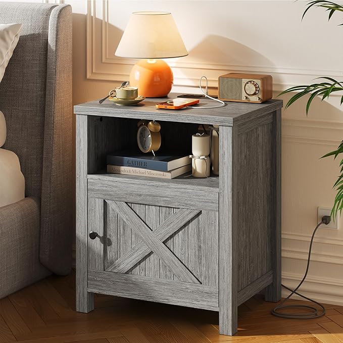 Marsail Farmhouse Nightstand, Wood Bedside Table