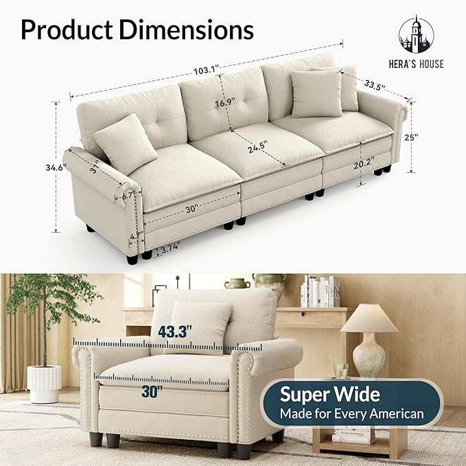 HERA'S HOUSE 116.11" Mid-Century Modern Couch, Oversized Sectional Couch