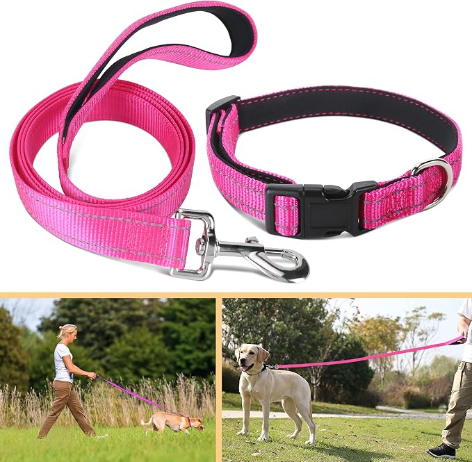 Soft Neoprene Padded Dog Collar and Leash Set for Small Medium Large Dogs, Reflective Durable Nylon Dog Collar with 5ft Leash Easy for Walking, Hot Pink,Neck fit 10.5-15.5’’