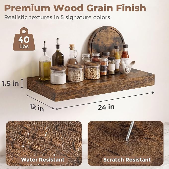12 inch Deep Floating Shelves for Wall, 24 inch Wide Engineered Wood Wall