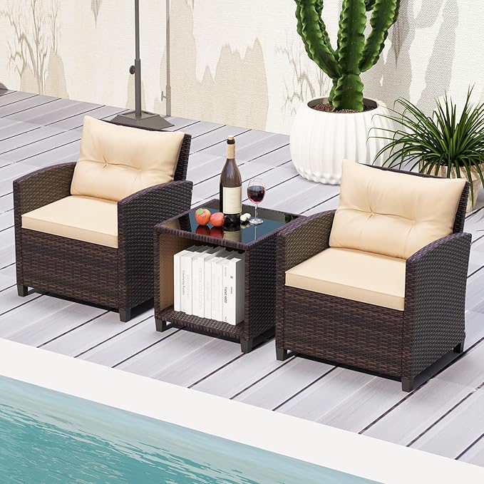 HAPPYGRILL 3 Pieces Patio Conversation Set, Outdoor Rattan Wicker Chairs &