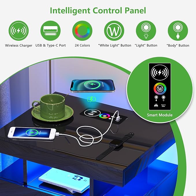 HNEBC Auto LED Nightstand with Wireless Charging Station & USB Ports, High