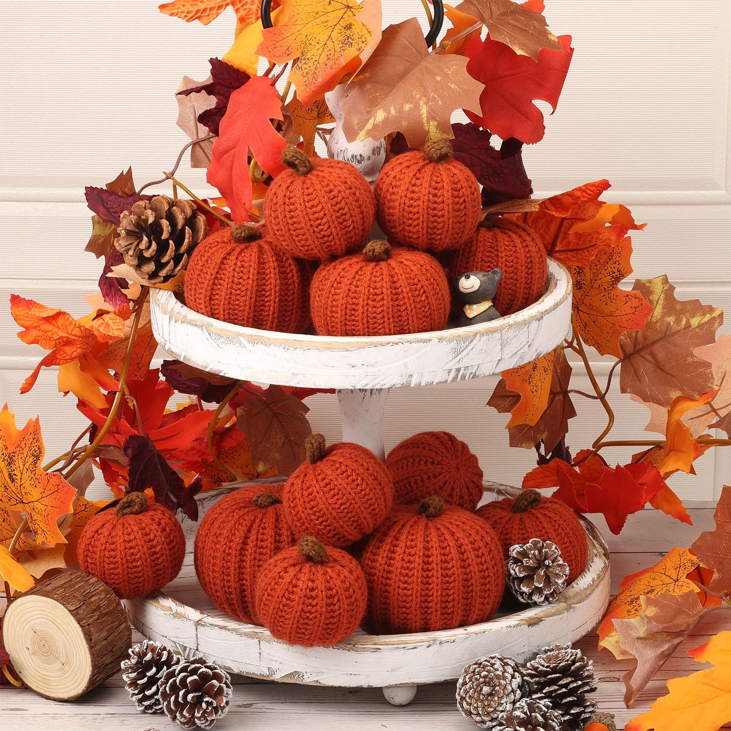 12-Pack Fall Crochet Pumpkins Handmade Fall Decor Set with 2.36, 3.15, 4inch Sizes Knit Pumpkins Farmhouse Thanksgiving Table Centerpiece, Halloween Decorations (Dark Orange)
