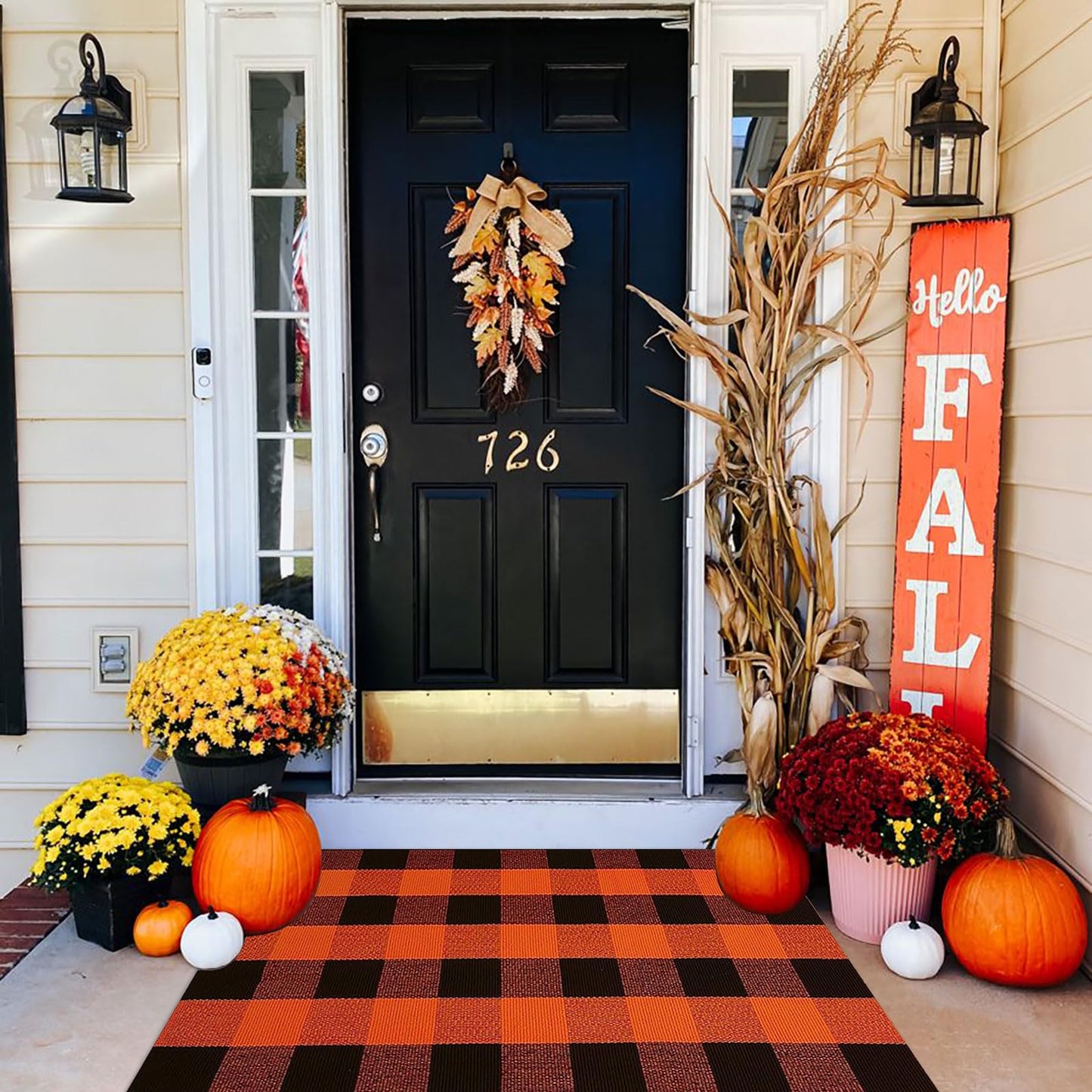 Fall Outdoor Rug Orange Buffalo Plaid Outdoor Rug Cotton Hand-Woven Buffalo Check Rug Layered Doormats for Front Door/Front Porch/Farmhouse/Entryway/Patio(Orange and Black Plaid, 27.5'' x 43'')