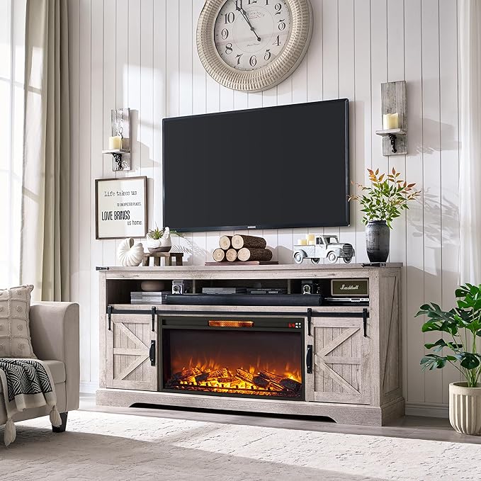 OKD Fireplace TV Stand for 80 Inch TV, Rustic Media Console w/Sliding Barn Door