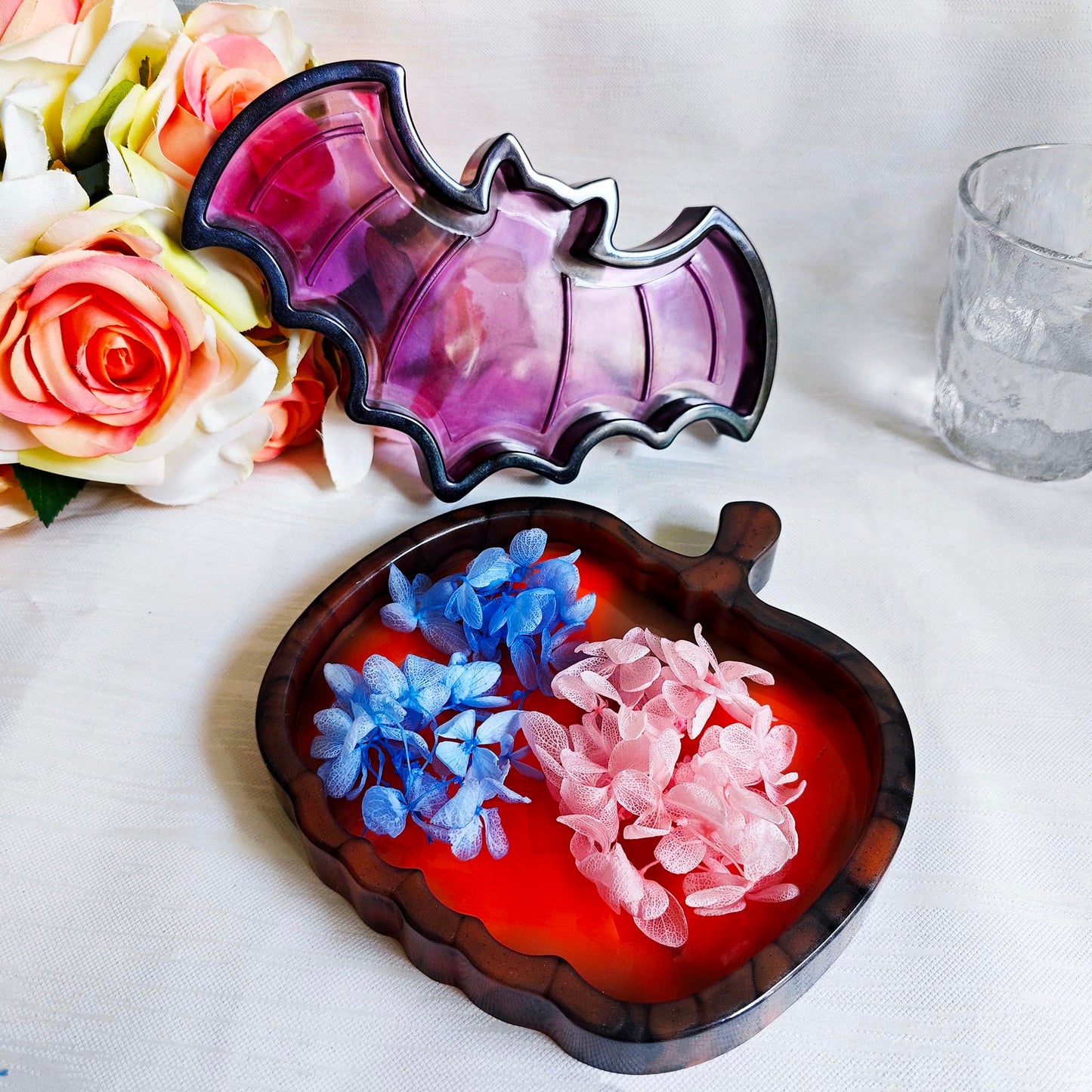 2 Set of Bat Pumpkin Tray Storage Resin Mold Molds Epoxy Resin Pumpkin Bat Shaped Halloween Tray for Fruit Candy Jewelry Cup Holder Container, DIY Making Decor Art Crafts