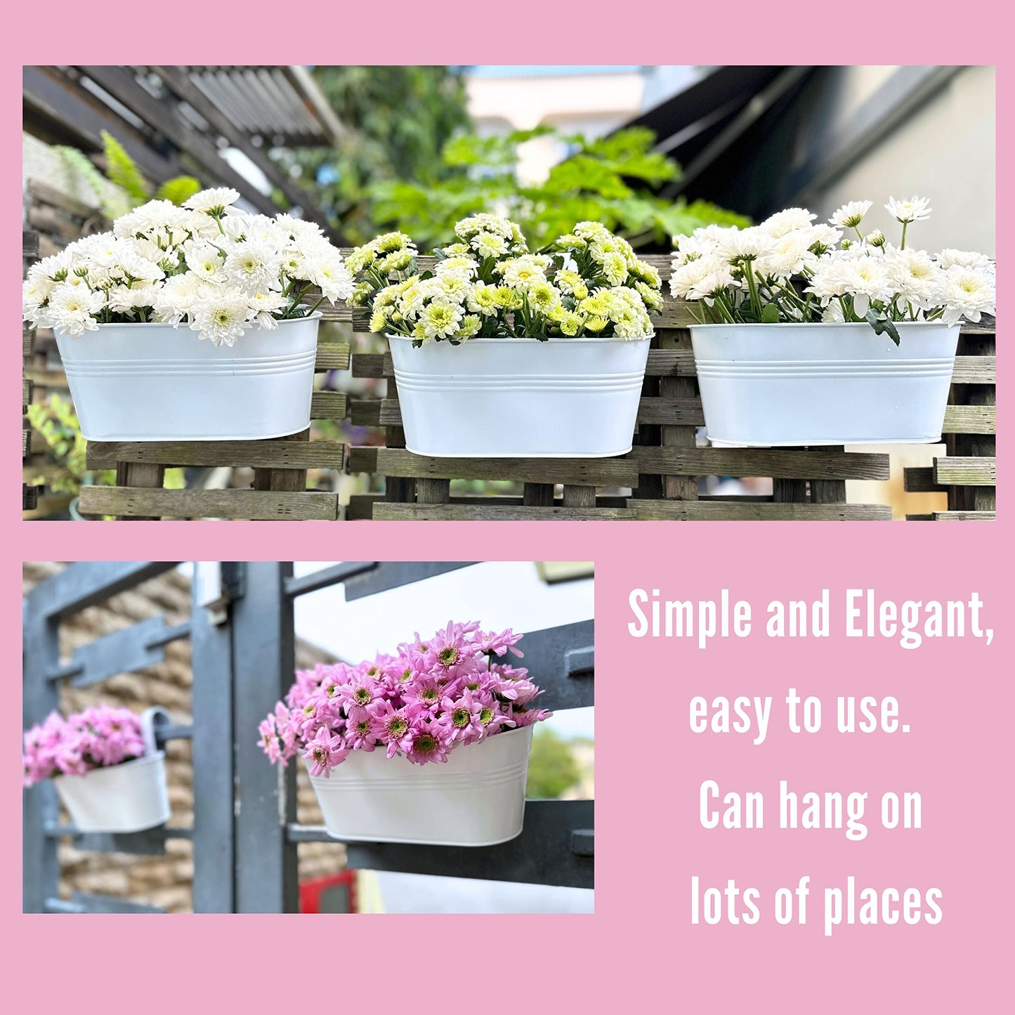 LaLaGreen Outdoor Rail Planter (6 Pack, 9.8 Inch) Small and Cute White Metal Iron Hanging Flower Pots Deck Railings Fence Buckets Countryside Style Wall Mount Window Box Plant Holder Hooks Porch Decor