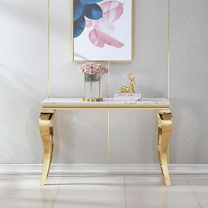 Henf 47" Marble Console Table Entryway Table Modern White Faux Marble Accent