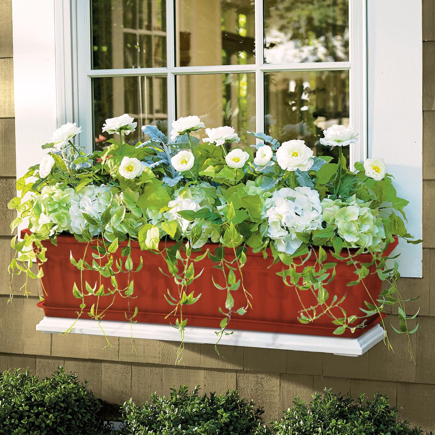 OSMOFUZE 6 Packs Window Box Planter, 17 Inches Flower Window Box Rectangular Plastic Vegetable Planters with Trays for Windowsill, Patio, Garden, Balcony, Brick Red
