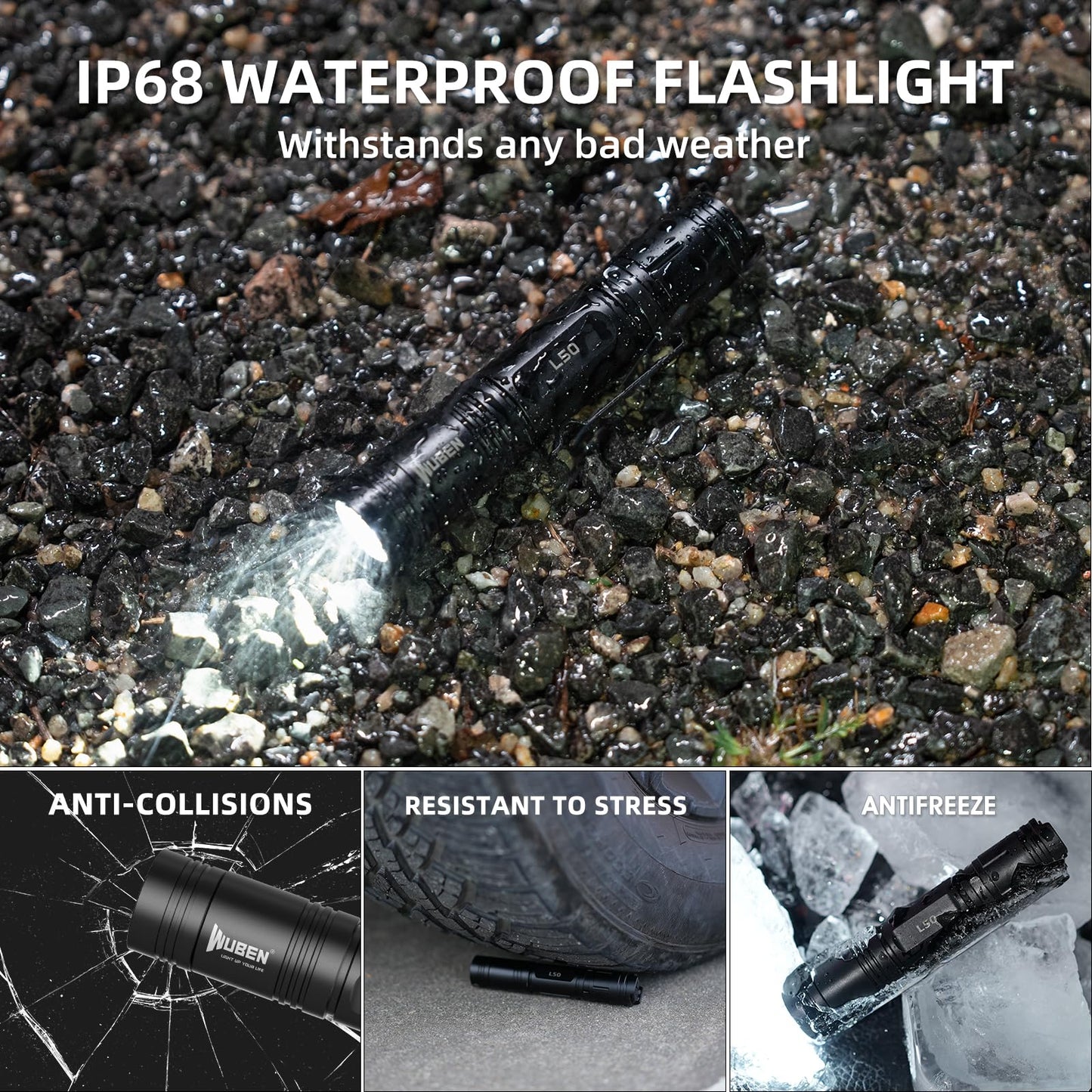 WUBEN L50 Flashlight 1200 High Lumens Tactical Flashlight Pocket Rechargeable Flashlight IP68 with 5 Mode Flash Light, LED Tail Switch Flashlight for Emergencie Camping Home Inspection Repair