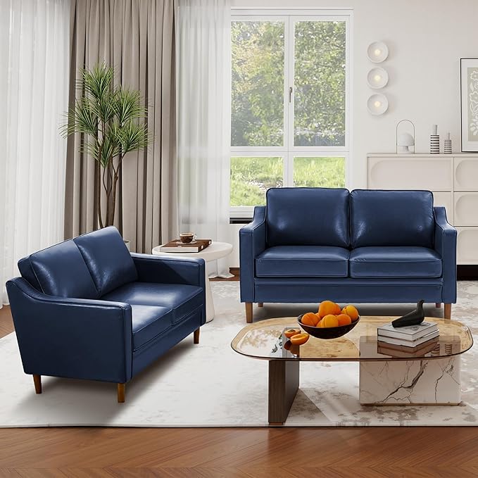 Kingfun 56" Faux Leather Sofa, Loveseat Couch, Mid Century Modern Love Seat