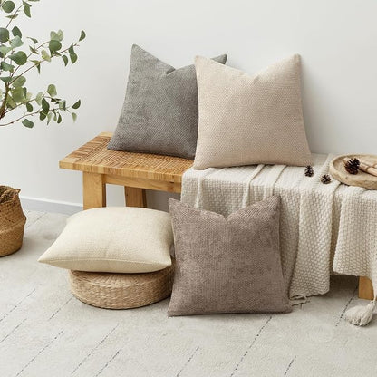 MIULEE Pack of 4 Couch Throw Pillow Covers 22x22 Inch Neutral Beige/Brown Soft Decorative Chenille Pillow Covers Farmhouse Accent Cushion Covers for Boho Spring Home Decor Sofa Bedroom Living Room