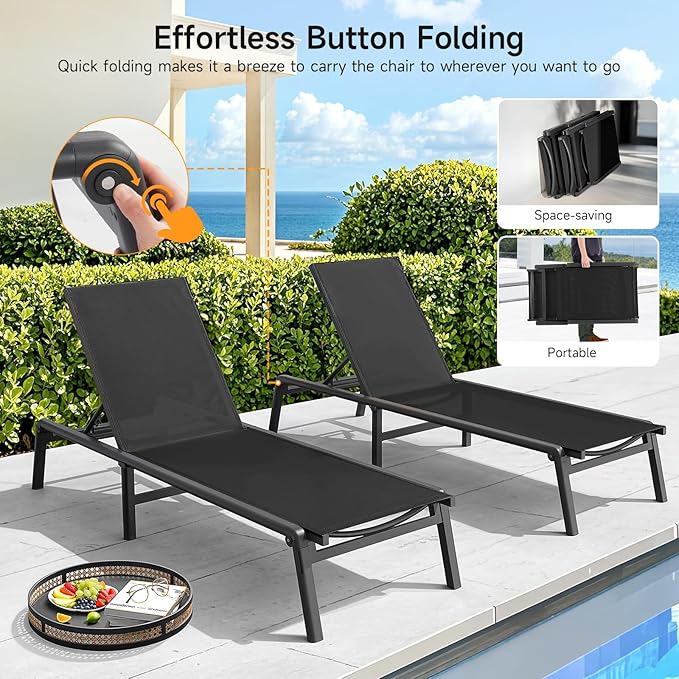 ONBRILL Aluminum Chaise Lounge Chair Outdoor, Foldable & Assembly Free Outdoor
