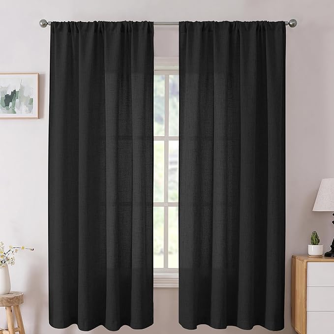 Tollpiz Linen Curtain Bedroom Rod Pocket Semi Sheer Curtains Burlap Light Filtering Thick Linen Drape for Living Room, 54 x 63 inches Long, Black, Set of 2 Panels