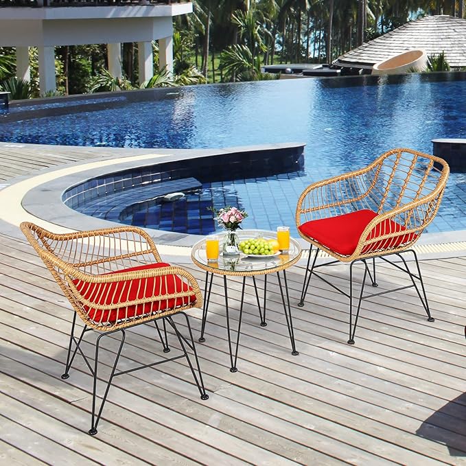 Tangkula 3 Pieces Patio Bistro Set, Rattan Conversation Set