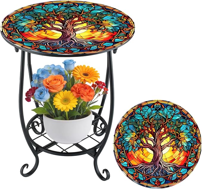 Cinnvoice Outdoor Side Table Round Small Mosaic Patio Accent Indoor End Plant