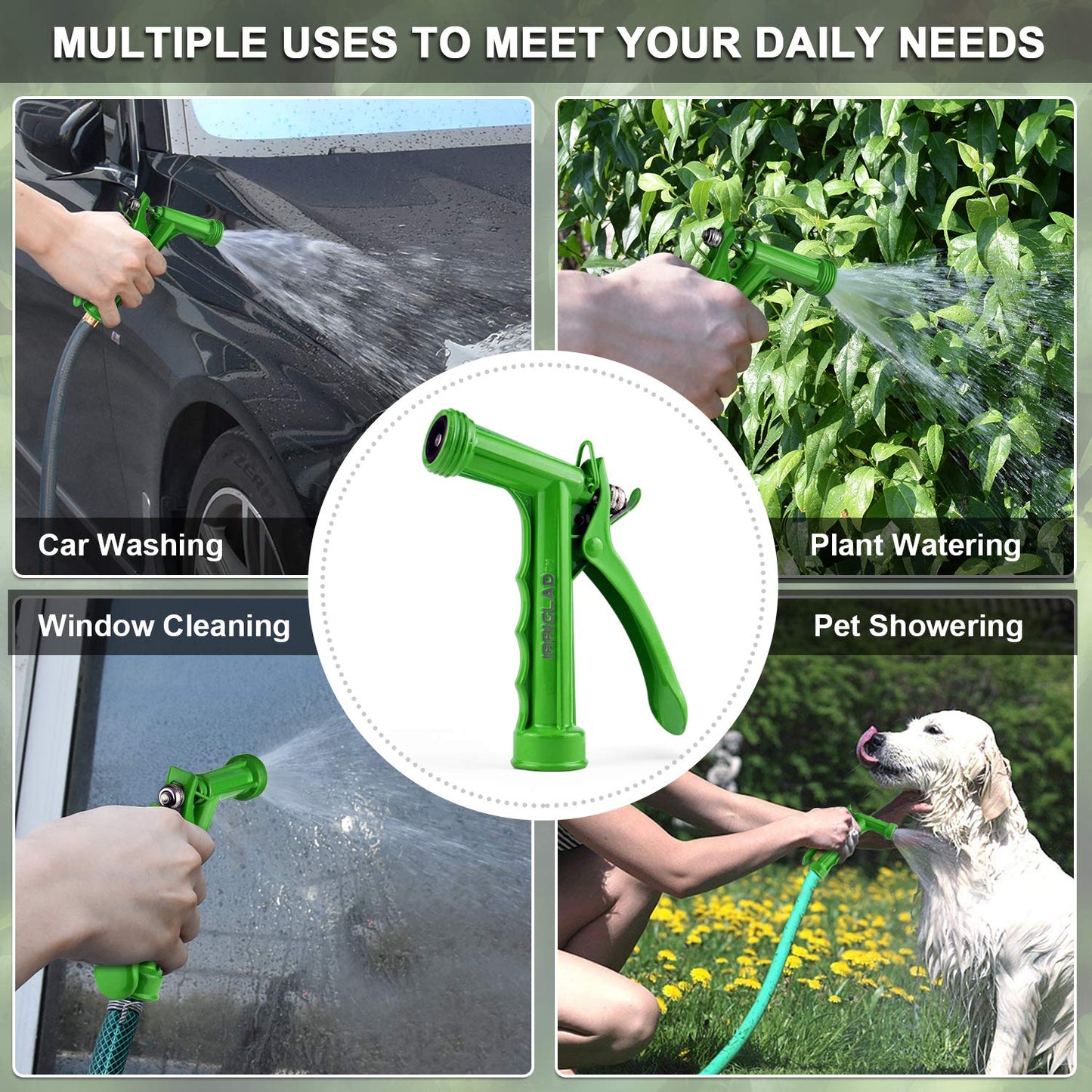 IRRIGLAD Hose Nozzle 2 Pack, Full Size Pistol Grip Water Nozzle Sprayer with Threaded Front, High Pressure Nozzle, Adjustable Spray Water Flow for Watering, Showering Pet, Washing Car, Cleaning, Green