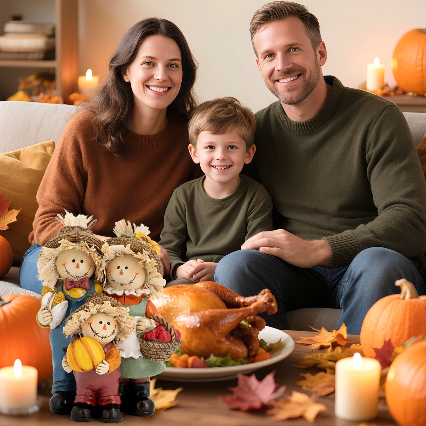 Hodao Thanksgiving Decorations for Table, Resin Fall Thanksgiving Scarecrow Family Figurine with Pumpkin, Corn & Apple Basket, Festive Gift for Autumn Home Decor