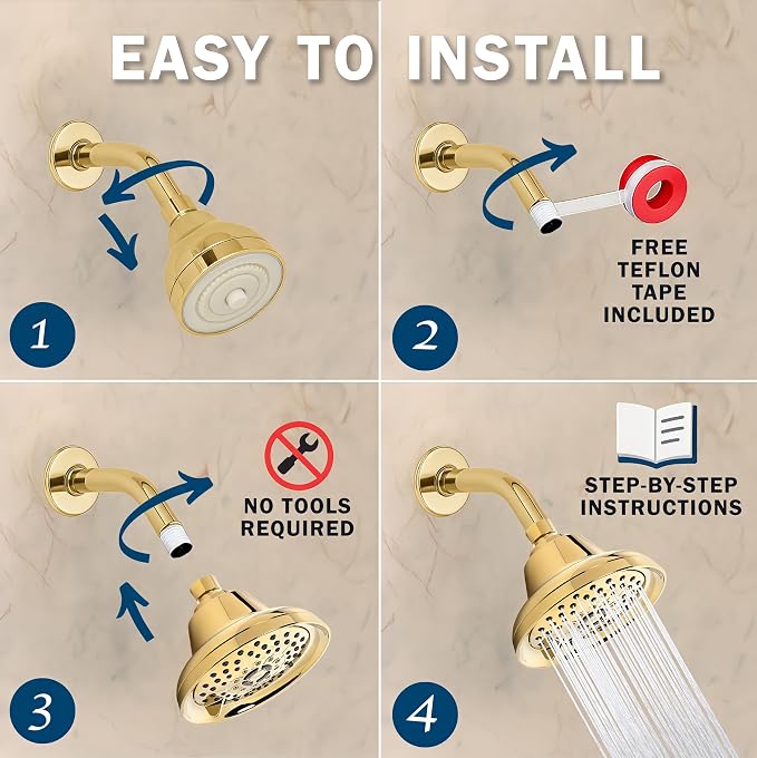 Aqua Elegante Massage Shower Head With Mist - High Pressure Boosting, Adjustable Massaging Rainfall Showerhead For Low Flow Showers With Water Saving Nozzles - 2.5 GPM - Polished Brass
