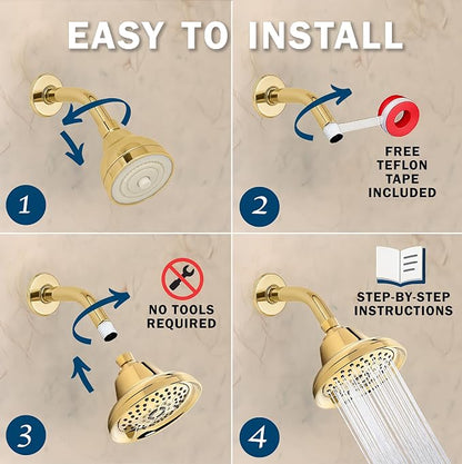 Aqua Elegante Massage Shower Head With Mist - High Pressure Boosting, Adjustable Massaging Rainfall Showerhead For Low Flow Showers With Water Saving Nozzles - 1.8 GPM - Polished Brass