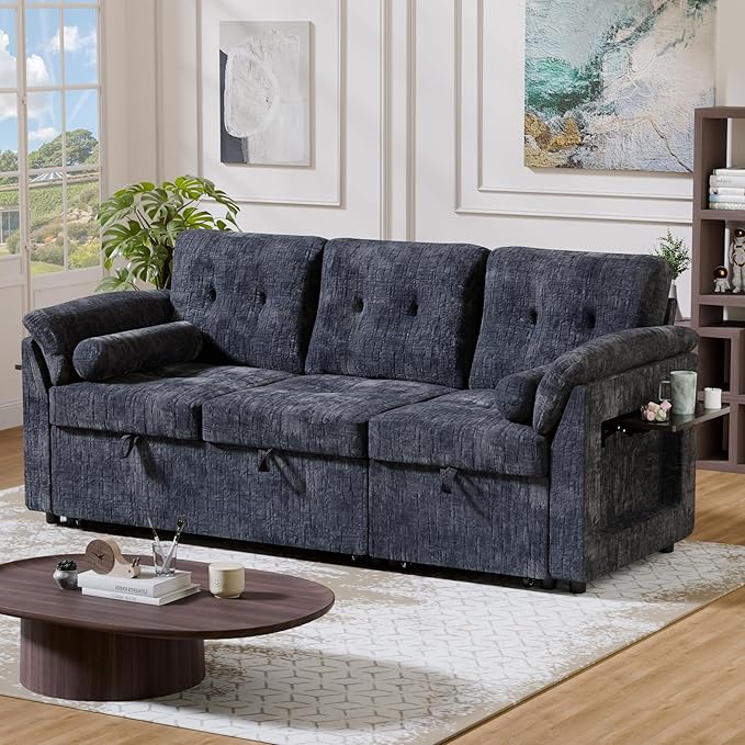 Convertible Sleeper Sofa Bed, 63 Inch Chenille Pull Out Couch