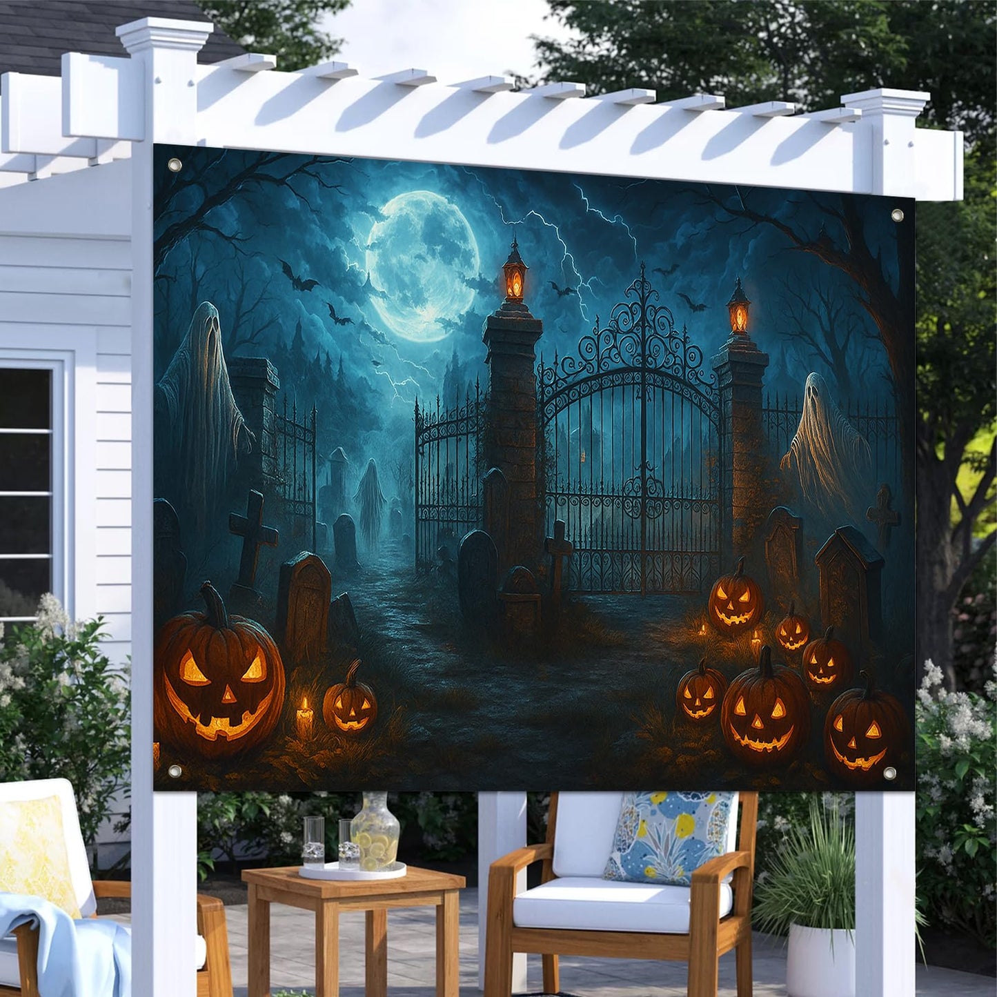 BlissYard Halloween Backdrop Banner for Party Decoration Photography Haunted Graveyard Ghosts Glowing Lanterns Full Moon 8x6ft Perfect for Spooky Halloween Party Horror Events