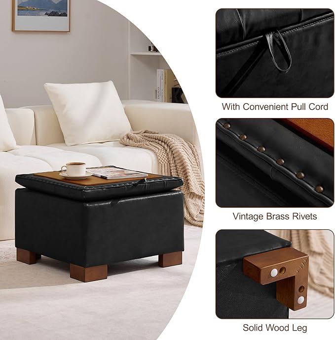 WUTUTUEE 24" Faux Leather Square Storage Ottoman