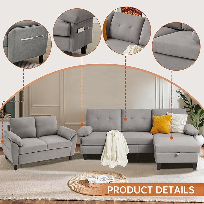 84" Convertible Sectional Sofa Set, 3 Seat L Shaped Couch