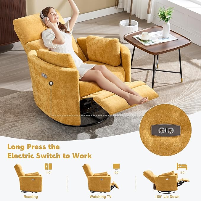 Power Recliner, Nursery Chair Swivel Glider Rocking Chair