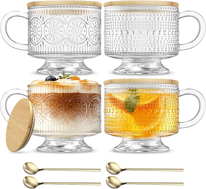 INSETLAN Vintage Glass Coffee Mugs 14 oz Set of 4, Embossed Overnight Oats Containers with Bamboo Lids and Spoons, Glass Coffee Cups for Tea, Cappuccino, Latte, Cereal and Yogurt, Gifts for Women