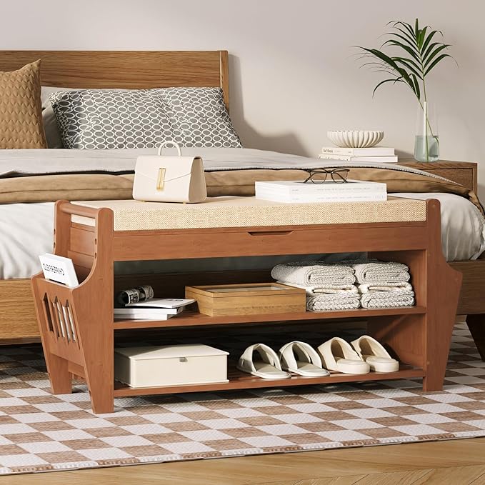 oakvivo 34.3in Shoe Bench, Bamboo 3-Tier Entryway Bench