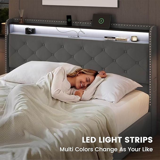 LARMACE King Bed Frame with 4 Storage Drawers and USB Charging Station Velvet