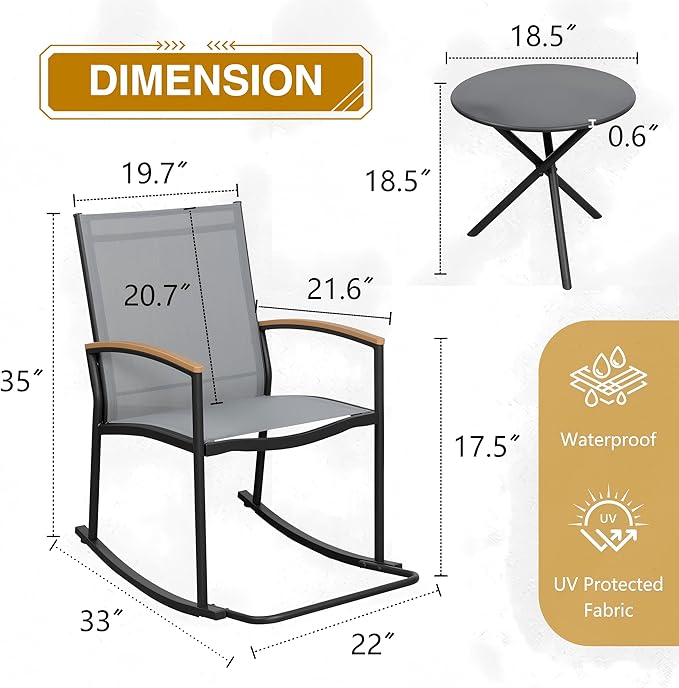 Shintenchi 3 Piece Outdoor Rocking Bistro Set, Textilene Fabric Small Patio