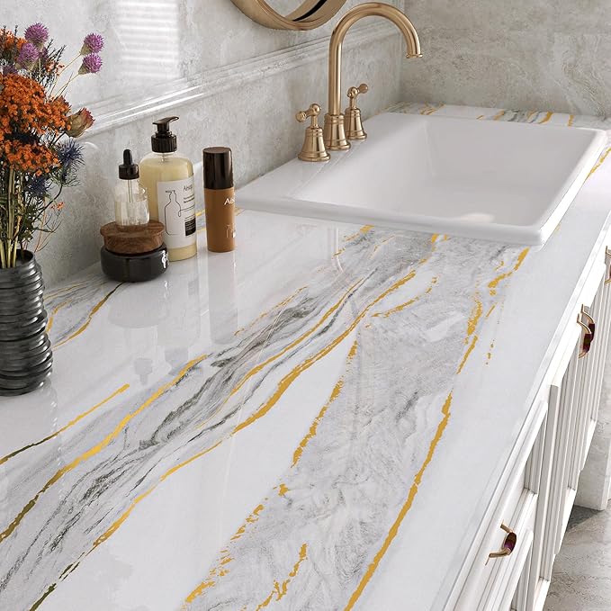 LaCheery Glossy Gold White Marble Contact Paper Waterproof 15.8"x275" Kitchen