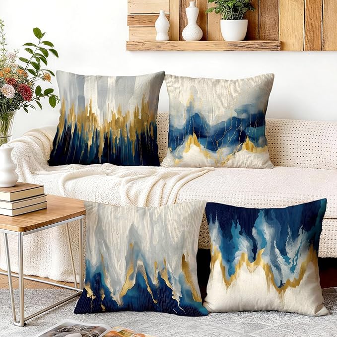OBSEDE Blue and Gold Abstract Art Decorative Throw Pillow Covers 18 × 18 in