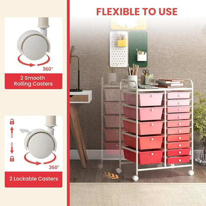 GOFLAME 15-Drawer Rolling Storage Cart, Craft Storage Cart with Removable Drawers & Lockable Wheels, Art Cart Supply Storage Organizer for Home Office Classroom, Pink Gradient