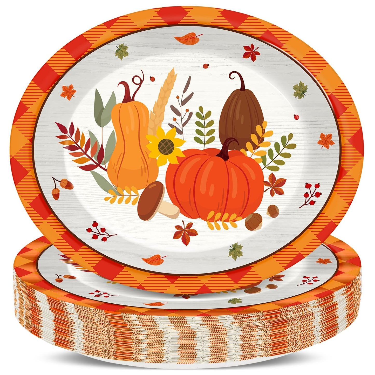 QOUBAI 50Pcs Thanksgiving Fall Oval Plates 11 Inch Large Autumn Pumpkin Maple Leaves Disposable Paper Plate Orange Plaid Platter Dish Tray Tableware Dinnerware Fall Harvest Party Decoration Supplies
