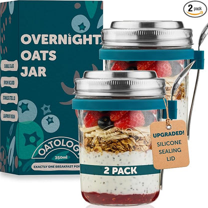 Overnight Oats Jars with Lids and Spoon - Glass Chia Pudding Containers - 16 oz Leakproof Mason Jar for Oatmeal - Wide Mouth To Go Meal Prep Cup with Measurement Markings - 2 Pack