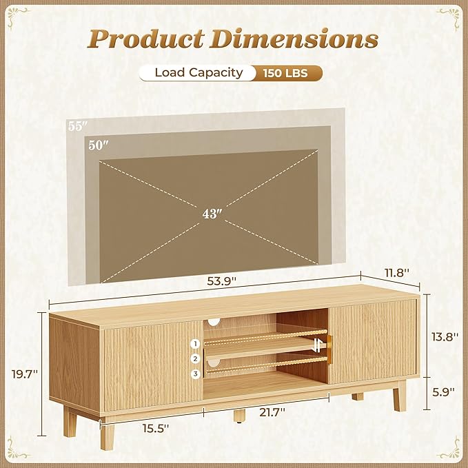 PRAISUN 54 Inch TV Stand for 50, 55 Inch TV, Fluted Entertainment Center