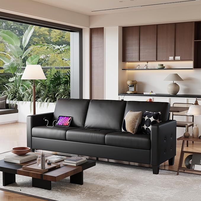 STHOUYN 73” Black Faux Leather Sofa Couch, Modern Comfy Office 3 Seater Couch