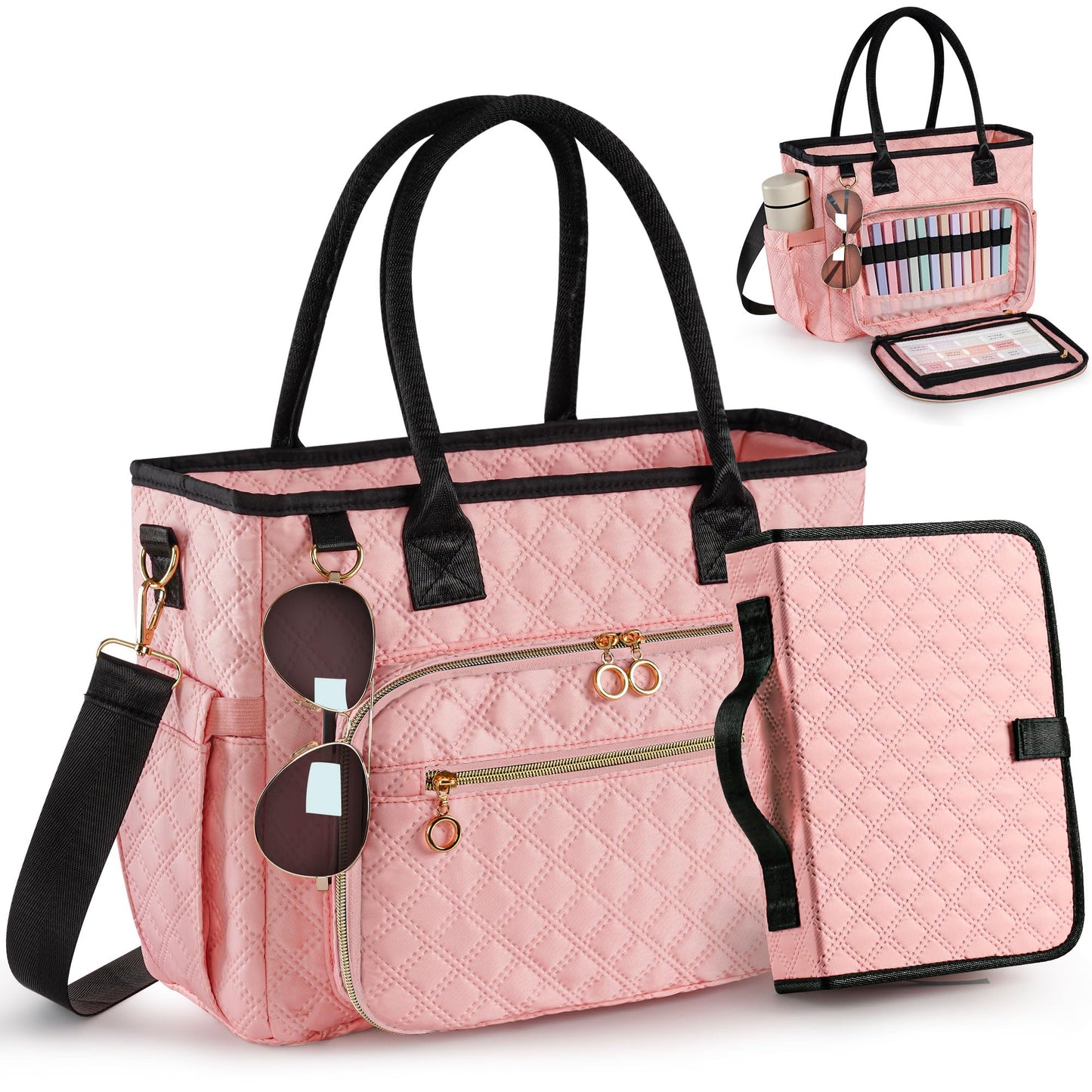 Large Bible Bag with Bible Cover Case for Women, Quilted Church Tote Bags for Bible Study Supplies, Christian Gifts for Women (Pink)