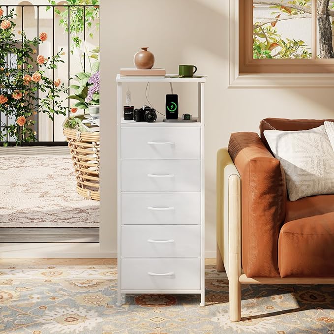 Somdot White Nightstand with Charging Station and LED Light