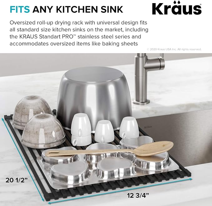 Kraus Multipurpose Over-Sink Roll-Up Dish Drying Rack, Colander and Trivet in Black, KRM-10BLACK (Pack of 4)