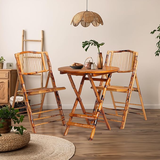 VINGLI Bamboo Folding Chair Table 3 Piece Bistro Set, Foldable Dining Wood