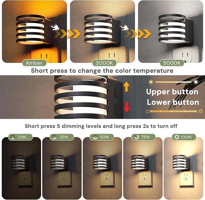 L LOHAS LED Night Light, 2 Pack 3CCT Night Lights Plug into Wall, Amber/3000K/5000K Adjustable Color Temperature Night-Lights, Dimmable Nightlight with Dusk to Dawn Sensor for Bedroom Hallway Bathroom