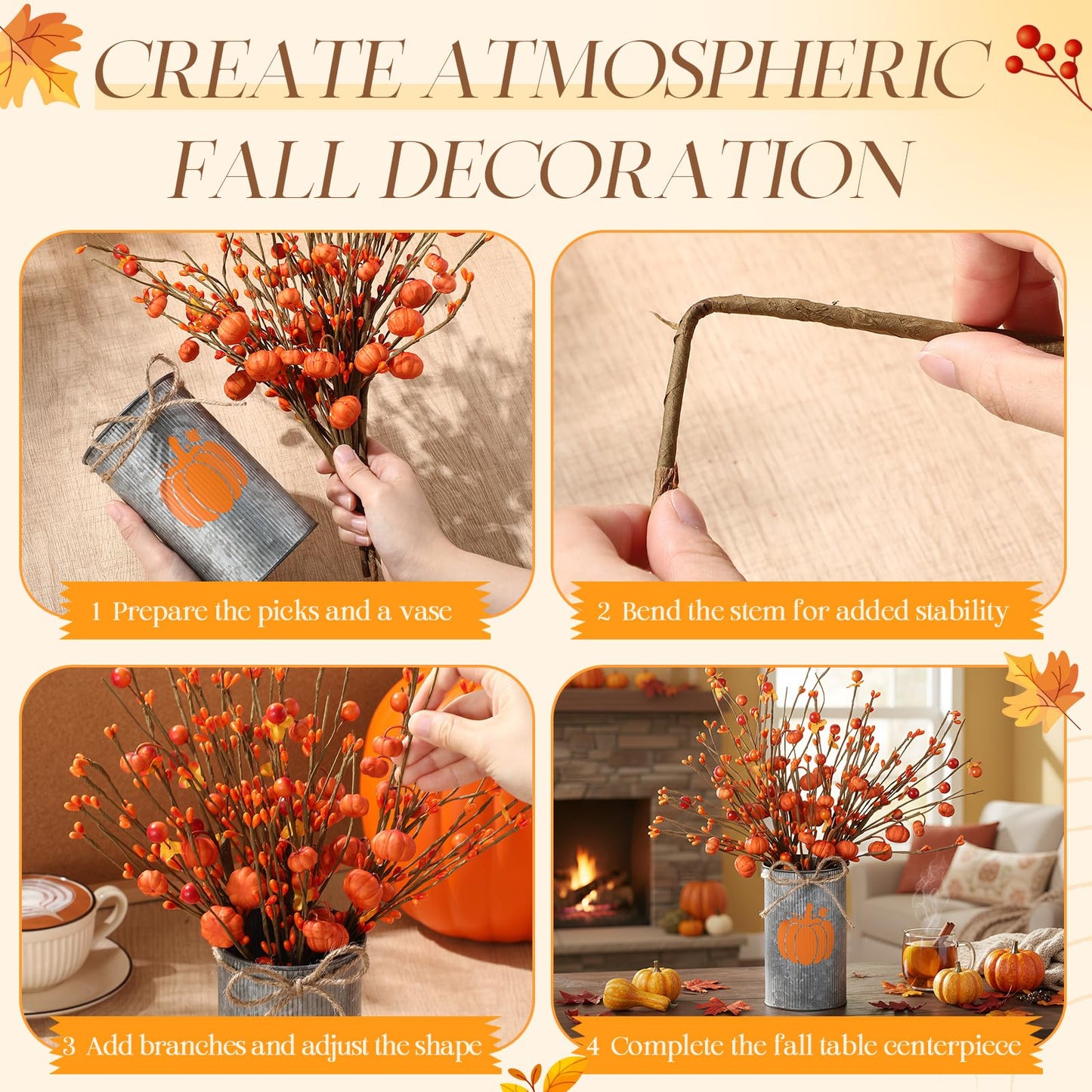 SiliFine Fall Thanksgiving Table Centerpiece Decoration Fall Artificial Flower Stems Pumpkin Shaped Berry Picks with Metal Vase Pot for Autumn Farmhouse Office Home Dining Table Decor